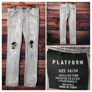 Platform 100 Jeans Mens 38X34 Distressed Ripped & Repaired Grey Slim Stretch